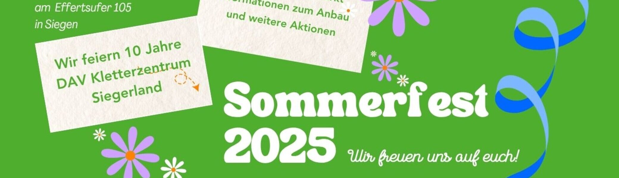 Einladung des DAV Kletterzentrum Siegerland am 5. Juli 2025 um 14:00 Uhr. Anlass ist das 10-jährige Jubiläum. Geboten werden leckere Speisen und Getränke, ein Fundsachen Flohmarkt, Infos zum Anbau und weitere Aktionen. Veranstaltungsort: Effertsufer 105, Siegen. Organisiert vom DAV Kletterzentrum Siegerland und der DAV Sektion Siegerland. | © DAV Sektion Siegerland