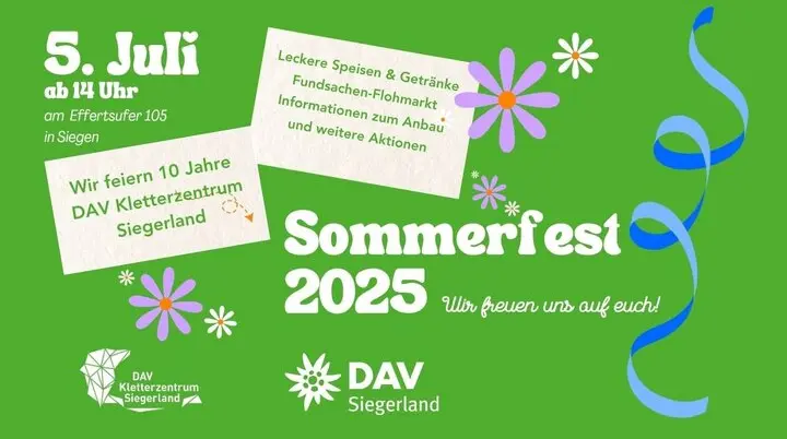 Einladung des DAV Kletterzentrum Siegerland am 5. Juli 2025 um 14:00 Uhr. Anlass ist das 10-jährige Jubiläum. Geboten werden leckere Speisen und Getränke, ein Fundsachen Flohmarkt, Infos zum Anbau und weitere Aktionen. Veranstaltungsort: Effertsufer 105, Siegen. Organisiert vom DAV Kletterzentrum Siegerland und der DAV Sektion Siegerland. | © DAV Sektion Siegerland